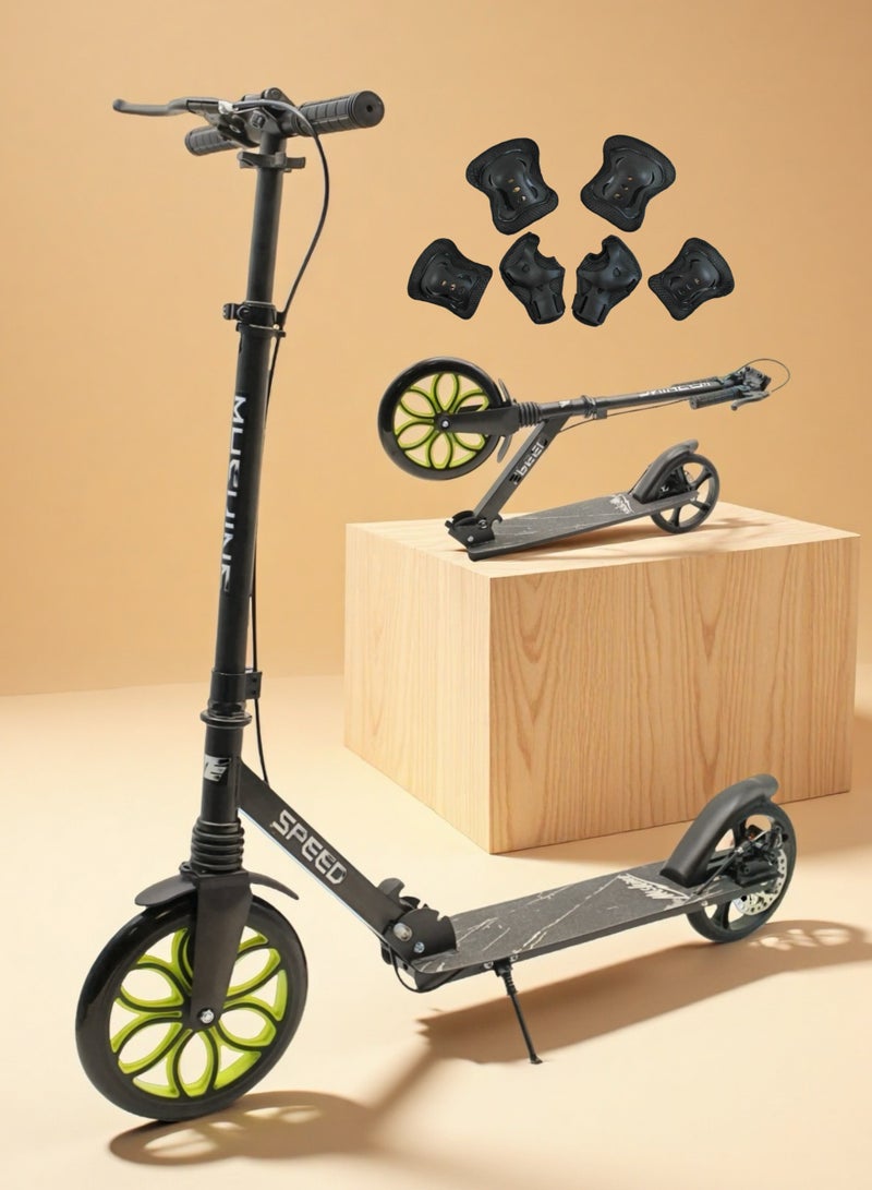 EASY FUTURE Foldable Kick Scooter for Kids Ages 7–14, Big Wheels, Adjustable Handlebar, Rear Brake & Easy Grip Handle Including Protective Gear Set - Image 1