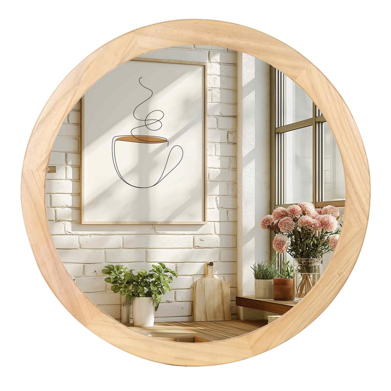 CULER Round Mirrors 30 Inch,Wood Vanity Wall Rustic Mirror with Wood Frame, Wooden Circle Tempered Glass Mirror for Bathroom Bedroom Living Room Or Entryway(Natural) - Image 1