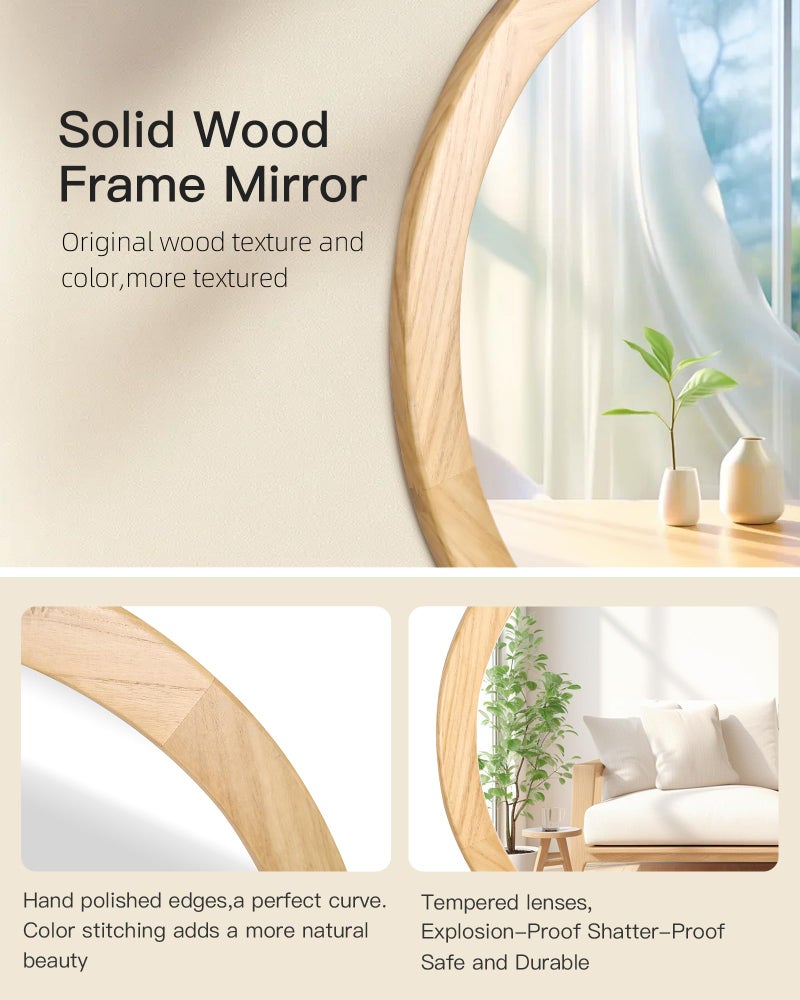 CULER Round Mirrors 30 Inch,Wood Vanity Wall Rustic Mirror with Wood Frame, Wooden Circle Tempered Glass Mirror for Bathroom Bedroom Living Room Or Entryway(Natural) - Image 5