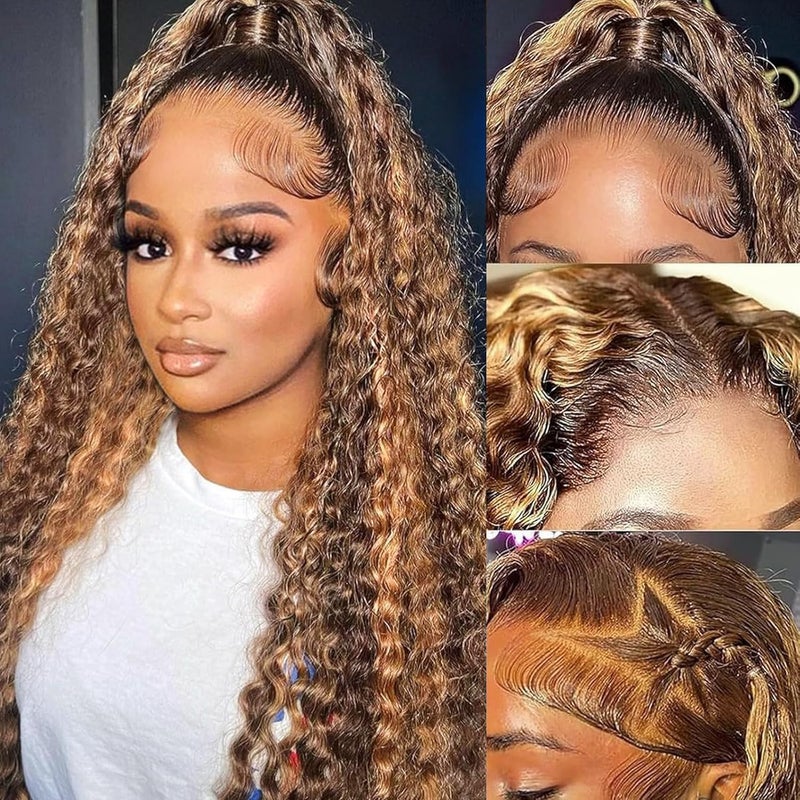 Juvid 13x6 Highlight Deep Wave Lace Front Wigs Human Hair Ombre 427 HD Transparent Lace Frontal Wig Pre Plucked with Baby Hair Honey Blonde Curly Wig Human Hair for Black Women 22 Inch
