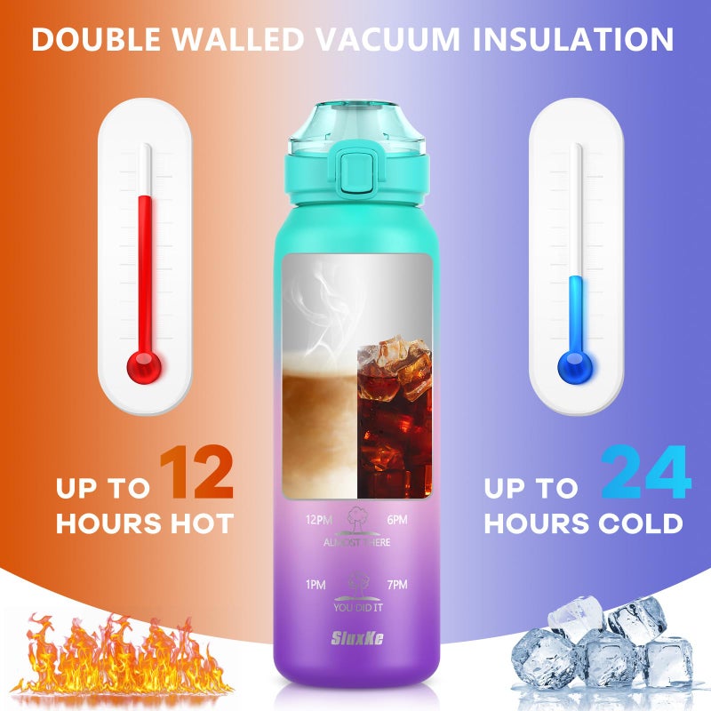 SLUXKE 32oz Insulated Water Bottle with handle BPA Free, 316 Stainless Steel Water Bottles 1000ml with Time Marker Double Walled, 1000ml Metal Water Flask Jug for Hiking, Biking, Running - Image 4