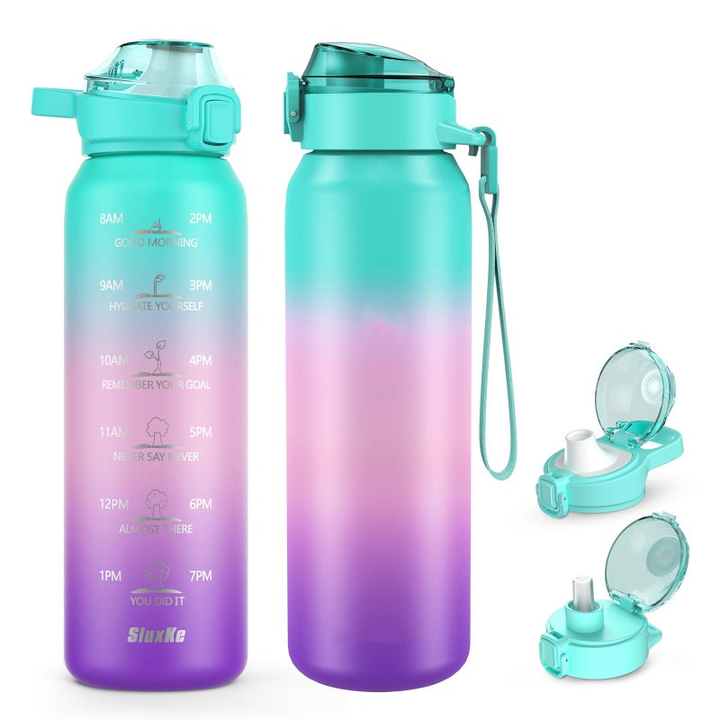 SLUXKE 32oz Insulated Water Bottle with handle BPA Free, 316 Stainless Steel Water Bottles 1000ml with Time Marker Double Walled, 1000ml Metal Water Flask Jug for Hiking, Biking, Running - Image 1
