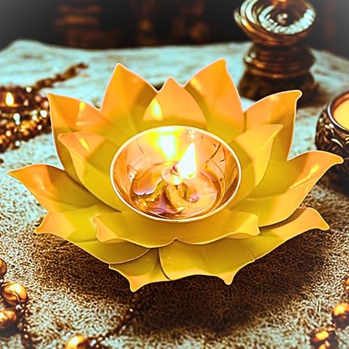 EIN SOF Brass Lotus Flower Diyas for Home Decoration , 5 inches Medium Size Puja Akhand Diya , Decorative Diwali & Christmas Festival Item with Gift Box , Yellow - Image 2