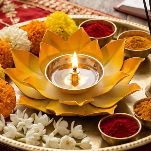 EIN SOF Brass Lotus Flower Diyas for Home Decoration , 5 inches Medium Size Puja Akhand Diya , Decorative Diwali & Christmas Festival Item with Gift Box , Yellow - Image 1