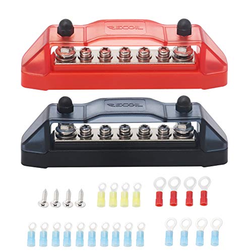 Recoil BBS25P Bus Bar 2 x M5 Studs and 5 Screw Terminals Power Distribution Block with Ring Terminals Pair Red & Black - Image 1