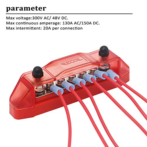 Recoil BBS25P Bus Bar 2 x M5 Studs and 5 Screw Terminals Power Distribution Block with Ring Terminals Pair Red & Black - Image 4