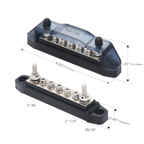 Recoil BBS25P Bus Bar 2 x M5 Studs and 5 Screw Terminals Power Distribution Block with Ring Terminals Pair Red & Black - Image 3