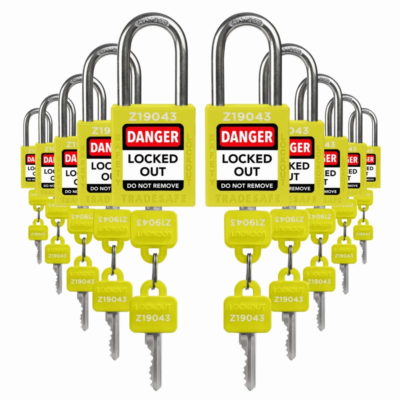 TRADESAFE Lockout Tagout Locks Set 10 Yellow Keyed Alike Padlocks 2 Keys Per Lock OSHA Compliant Loto Locks