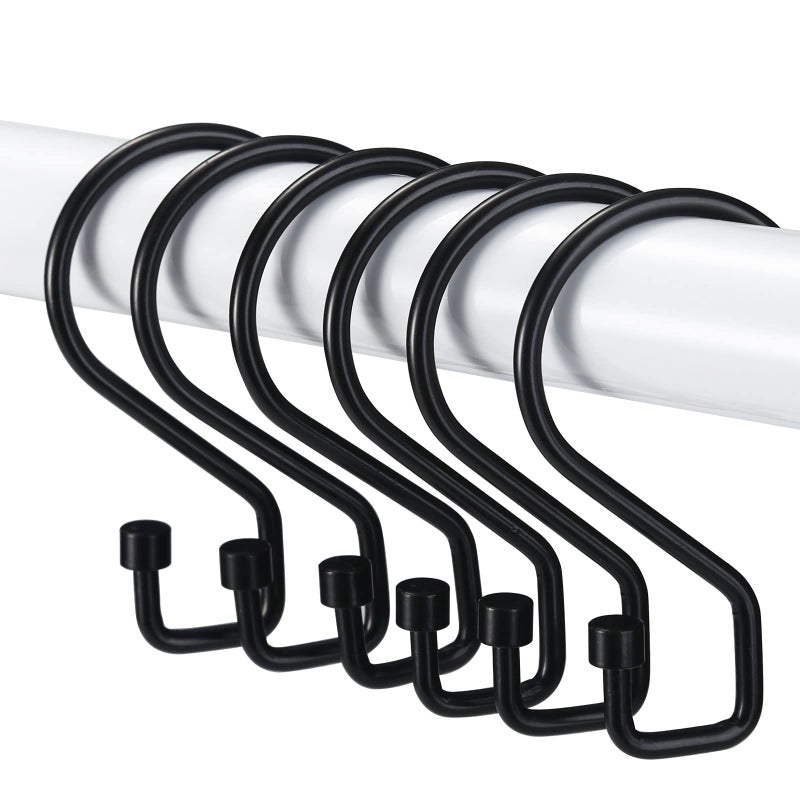 Goowin Shower Curtain Hooks, 12 Pcs S Shape Shower Curtain Rings, Rustproof Black Shower Curtain Rings, Multi-Functional Shower Hooks for Shower Curtain, Kitchen Utensils, Clothing, Towels, Black - Image 1
