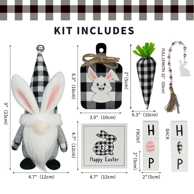 CRCZK Easter Tiered Tray Decorations 8pcs Spring Easter Bunny Gnome Decor, Buffalo Plaid Easter Gnome Plush Black Check Carrot 3D Easter Wood Signs Bead Garland Easter Farmhouse Kitchen Table Decor - Image 3