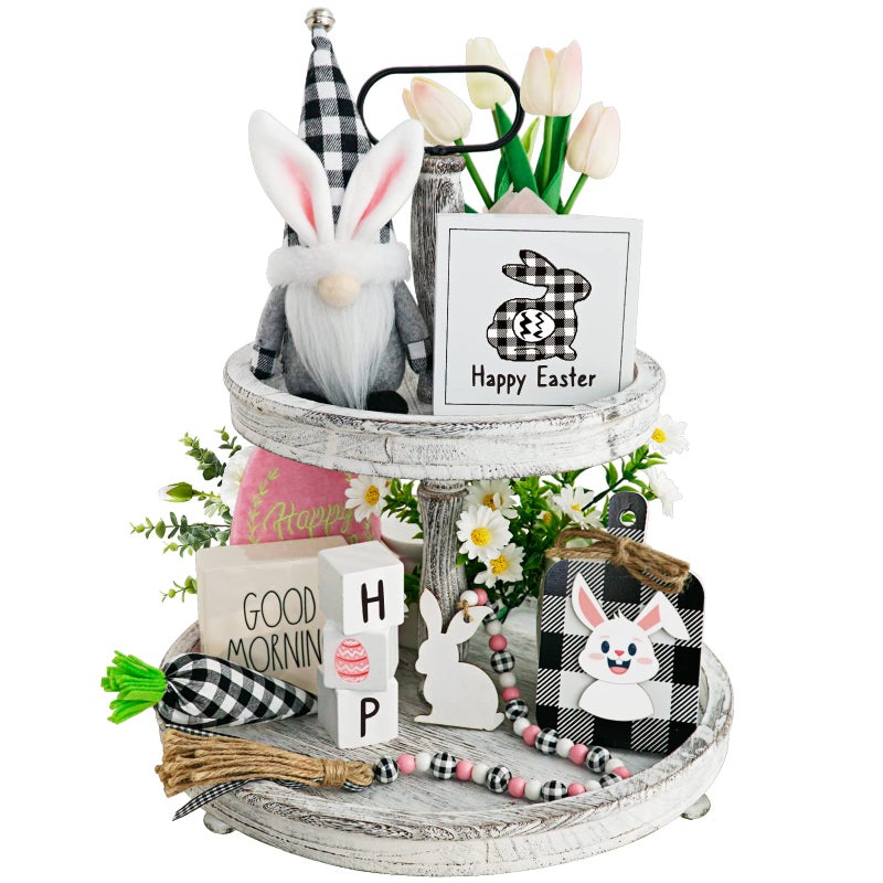 CRCZK Easter Tiered Tray Decorations 8pcs Spring Easter Bunny Gnome Decor, Buffalo Plaid Easter Gnome Plush Black Check Carrot 3D Easter Wood Signs Bead Garland Easter Farmhouse Kitchen Table Decor - Image 1