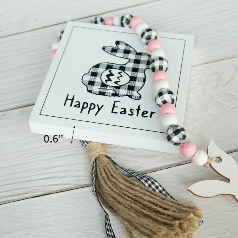 CRCZK Easter Tiered Tray Decorations 8pcs Spring Easter Bunny Gnome Decor, Buffalo Plaid Easter Gnome Plush Black Check Carrot 3D Easter Wood Signs Bead Garland Easter Farmhouse Kitchen Table Decor - Image 5