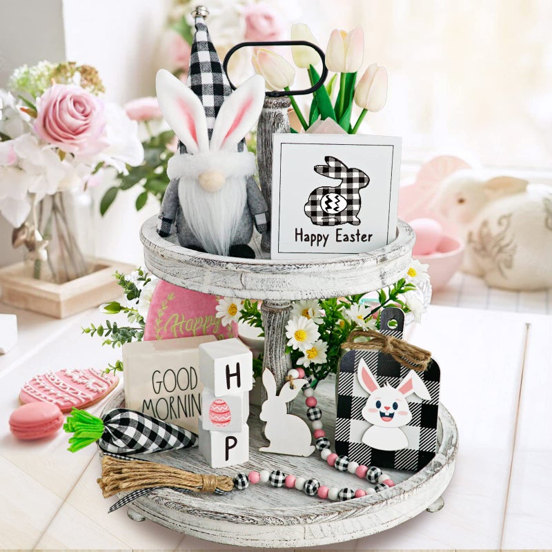 CRCZK Easter Tiered Tray Decorations 8pcs Spring Easter Bunny Gnome Decor, Buffalo Plaid Easter Gnome Plush Black Check Carrot 3D Easter Wood Signs Bead Garland Easter Farmhouse Kitchen Table Decor - Image 4
