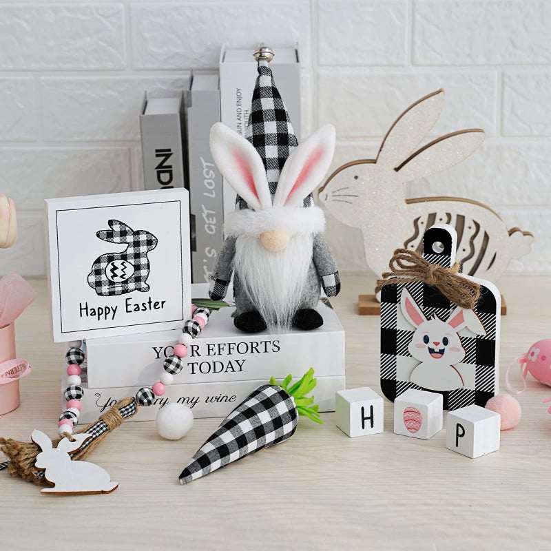CRCZK Easter Tiered Tray Decorations 8pcs Spring Easter Bunny Gnome Decor, Buffalo Plaid Easter Gnome Plush Black Check Carrot 3D Easter Wood Signs Bead Garland Easter Farmhouse Kitchen Table Decor - Image 2