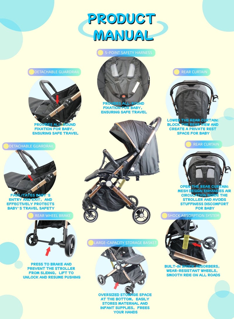 Two-way One-click Foldable Ultra Lightweight Travel Stroller Comfortable Shock Absorbent Multi Position Reclining Seat Adjustable Canopy Foldable Storage Basket NO.1105 - Image 5