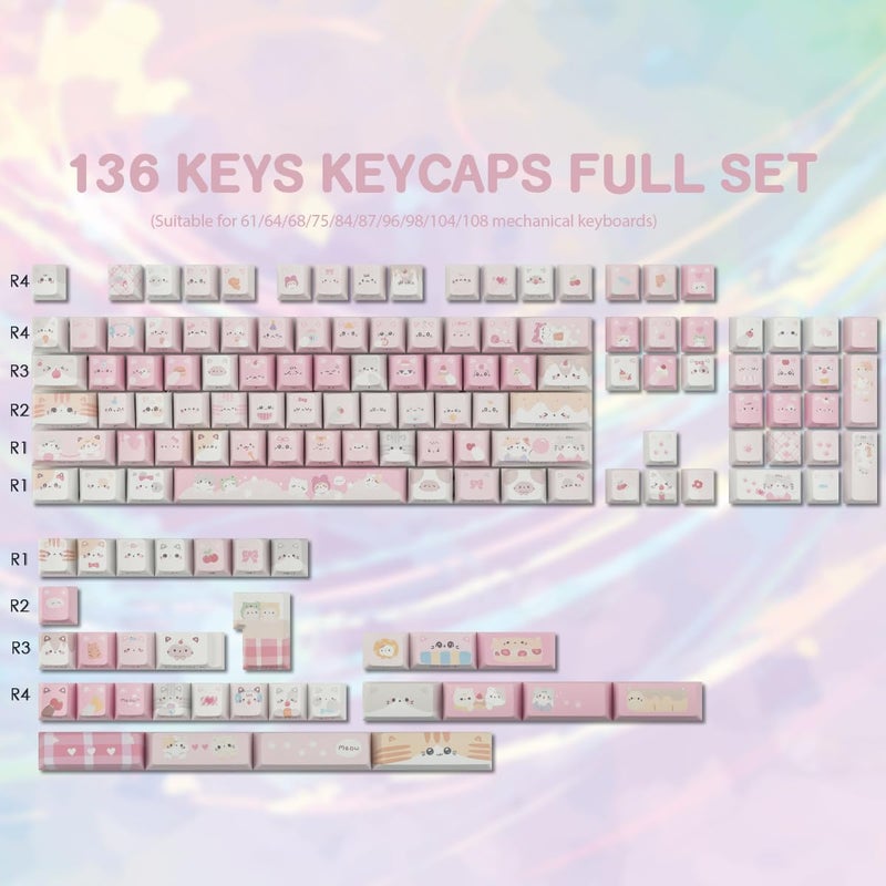 TYRIXKI PBT Keycaps - Side Printed Keycap Set,136 Keys Shine Through Meow Meow Squad Custom Cat Keycaps, Cherry Profile Keyboard Keycaps for Cherry MX Switches Mechanical Keyboards - Image 4