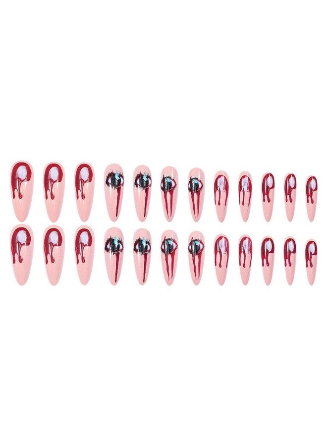 OFDNE Halloween Press on Nails Medium Almond OFDNE Fake Nails Horror False Nails with Eyes Blood Drop Designs Full Cover Glossy Glue on Nail Acrylic Nail for Women Girls 24Pcs - Image 5