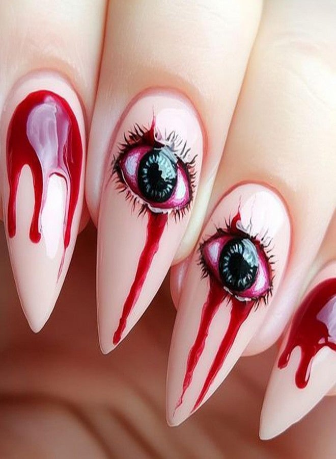 OFDNE Halloween Press on Nails Medium Almond OFDNE Fake Nails Horror False Nails with Eyes Blood Drop Designs Full Cover Glossy Glue on Nail Acrylic Nail for Women Girls 24Pcs - Image 1