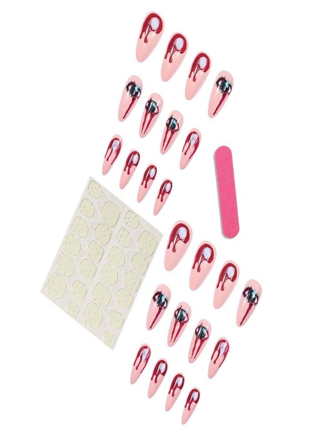 OFDNE Halloween Press on Nails Medium Almond OFDNE Fake Nails Horror False Nails with Eyes Blood Drop Designs Full Cover Glossy Glue on Nail Acrylic Nail for Women Girls 24Pcs - Image 4
