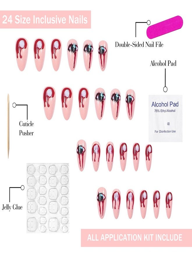 OFDNE Halloween Press on Nails Medium Almond OFDNE Fake Nails Horror False Nails with Eyes Blood Drop Designs Full Cover Glossy Glue on Nail Acrylic Nail for Women Girls 24Pcs - Image 2