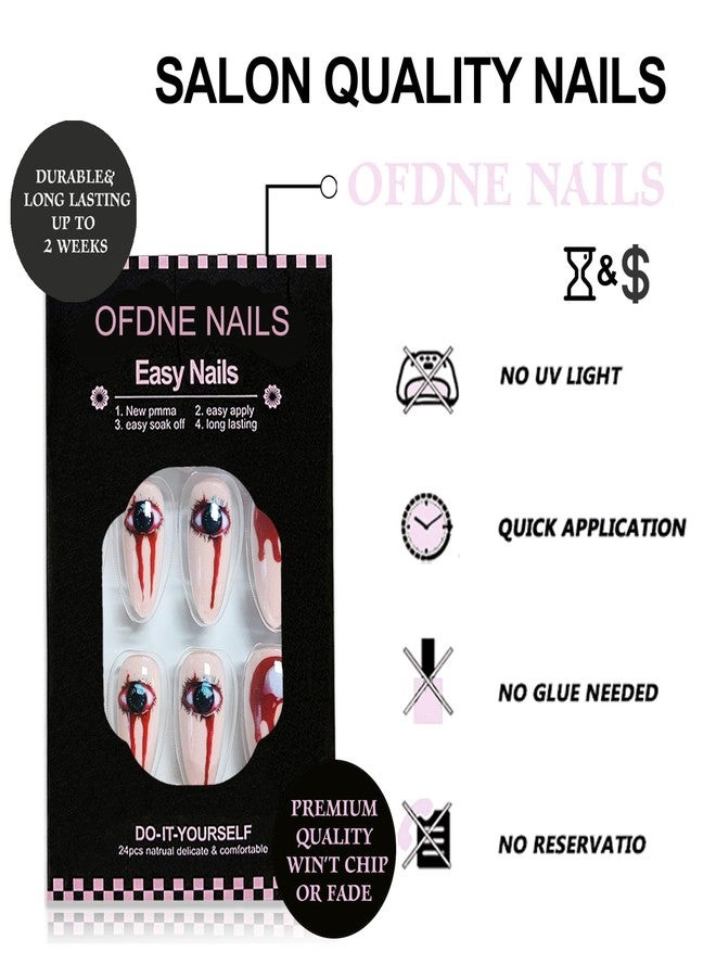 OFDNE Halloween Press on Nails Medium Almond OFDNE Fake Nails Horror False Nails with Eyes Blood Drop Designs Full Cover Glossy Glue on Nail Acrylic Nail for Women Girls 24Pcs - Image 3