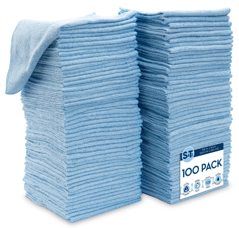 S&T INC. ST INC 100 Pack Microfiber Cleaning Cloth Bulk Towels for Home Reusable Microfiber Towels for Cars Cleaning Rags Light Blue 115 Inches x 115 Inches 100 Count