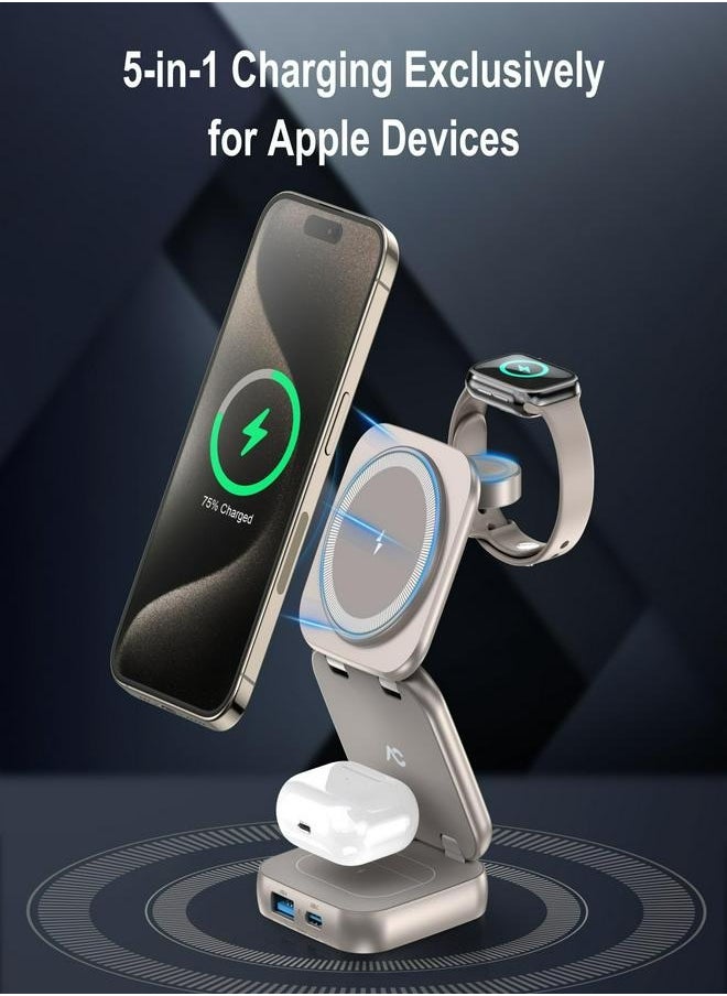 AC ISLAND - 5 in 1 Wireless Charging Station, Foldable Mag-Safe Charger Stand, Travel Wireless Charger for iPhone 16/15/14/13/12 Series, Apple Watch S1-10/Ultra 2, for Airpods 4/3/2/Pro (Titanium) - Image 1