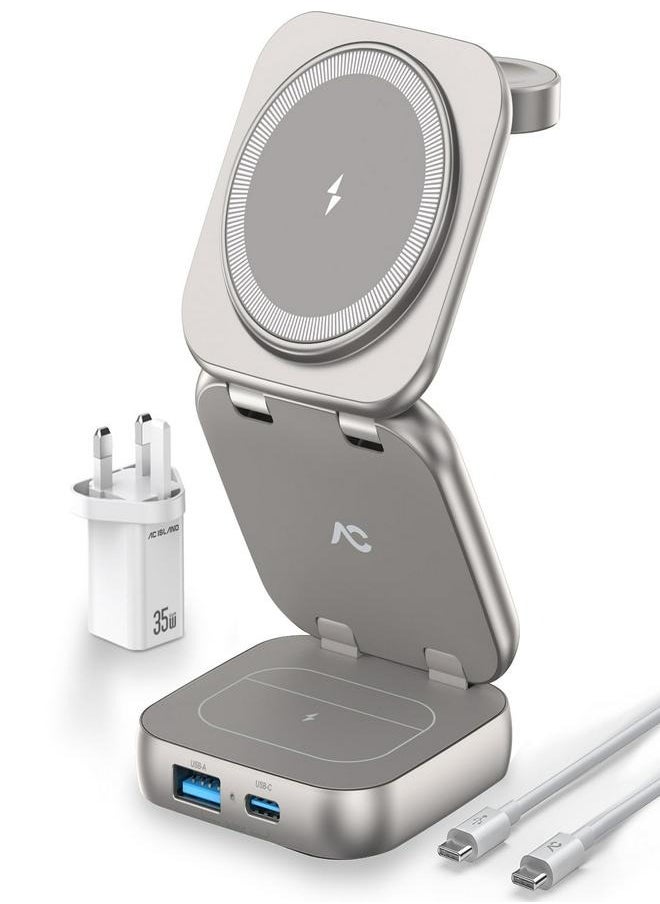 AC ISLAND - 5 in 1 Wireless Charging Station, Foldable Mag-Safe Charger Stand, Travel Wireless Charger for iPhone 16/15/14/13/12 Series, Apple Watch S1-10/Ultra 2, for Airpods 4/3/2/Pro (Titanium) - Image 1
