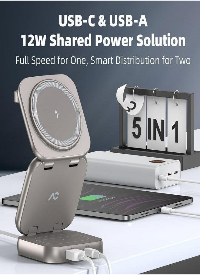 AC ISLAND - 5 in 1 Wireless Charging Station, Foldable Mag-Safe Charger Stand, Travel Wireless Charger for iPhone 16/15/14/13/12 Series, Apple Watch S1-10/Ultra 2, for Airpods 4/3/2/Pro (Titanium) - Image 1