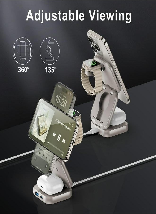 AC ISLAND - 5 in 1 Wireless Charging Station, Foldable Mag-Safe Charger Stand, Travel Wireless Charger for iPhone 16/15/14/13/12 Series, Apple Watch S1-10/Ultra 2, for Airpods 4/3/2/Pro (Titanium) - Image 1