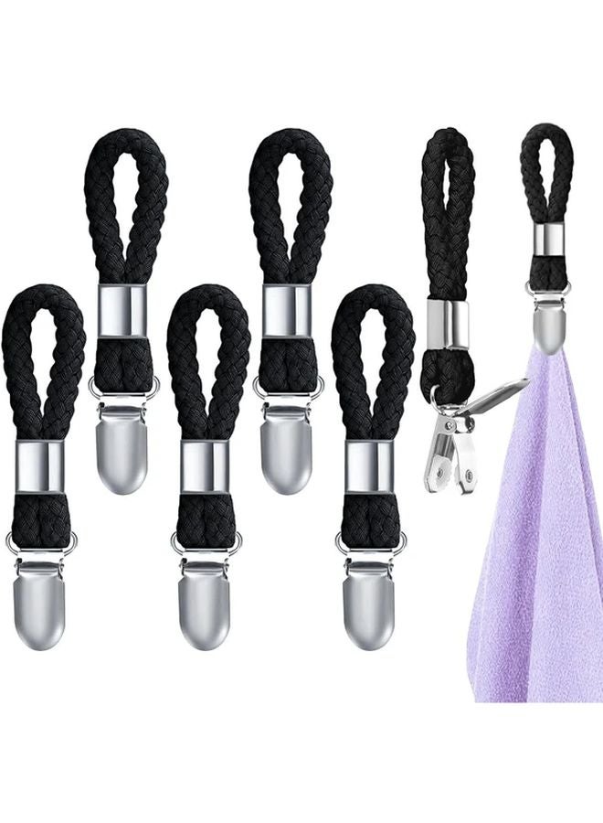 6 قطع مشابك سوداء للمناشف بحبل طويل وخطافات معدنية بدون كهرباء - Image 2