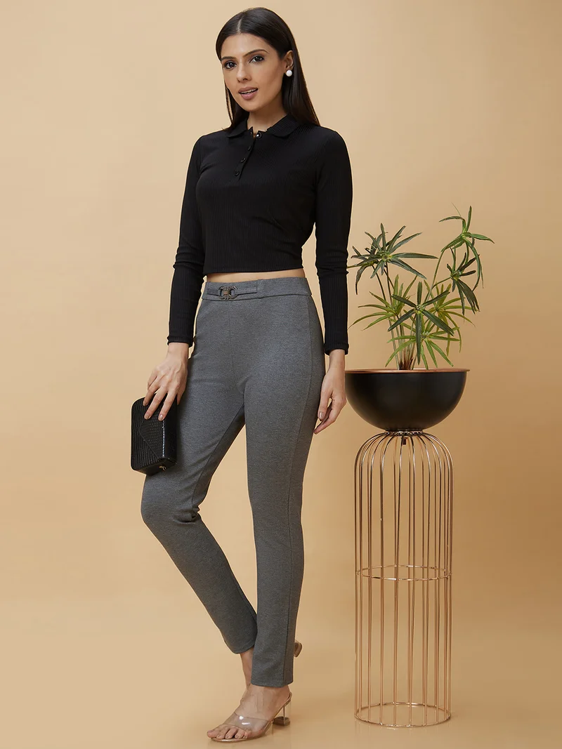 globus Women Charcoal Regular Fit Treggings