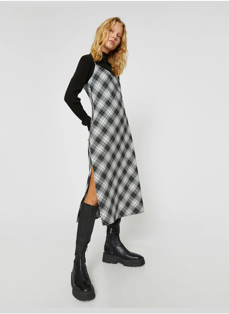 KOTON Check Midi Dress Slit Strappy