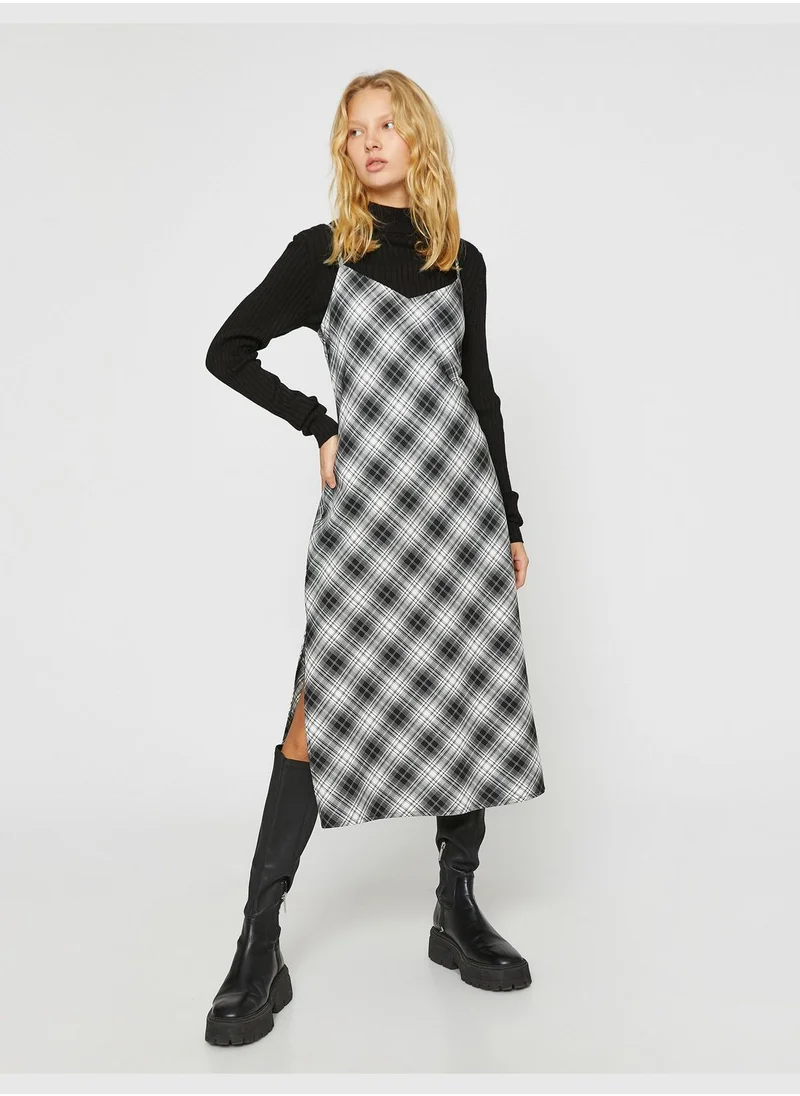 KOTON Check Midi Dress Slit Strappy