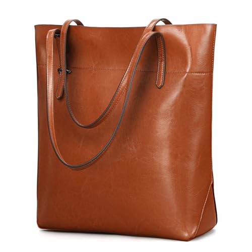 Kattee Vintage Genuine Leather Tote Shoulder Handbag for Woman with Adjustable Handles (Light Brown) - Image 1