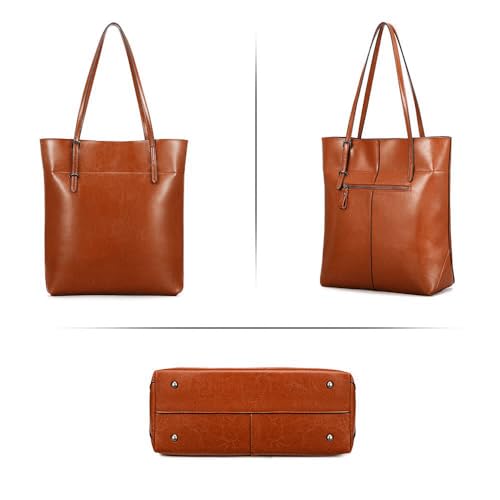 Kattee Vintage Genuine Leather Tote Shoulder Handbag for Woman with Adjustable Handles (Light Brown) - Image 4