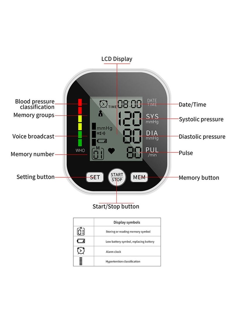 Blood Pressure Monitor LCD Display Large Screen Fully Automatic Accurate Readings Adjustable Bp Cuff Upper Arm Blood Pressure Machine Voice Prompt Irregular Heartbeat Detection Clear Display