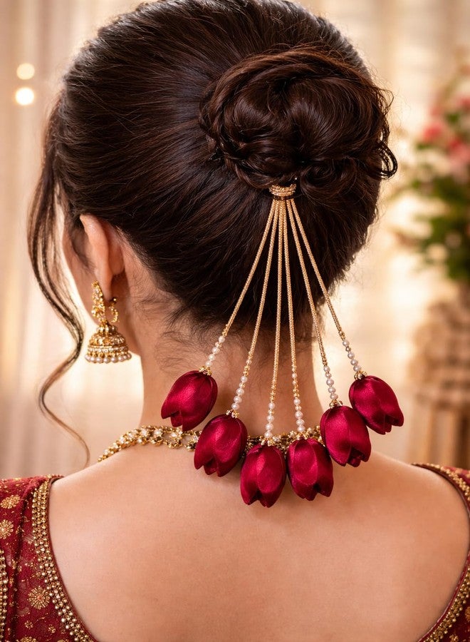KARIHA Hair Juda Paranda with Pearl Beads, Red Satin Flower Design, Gold Cord, Traditional Hair Accessory - Image 1