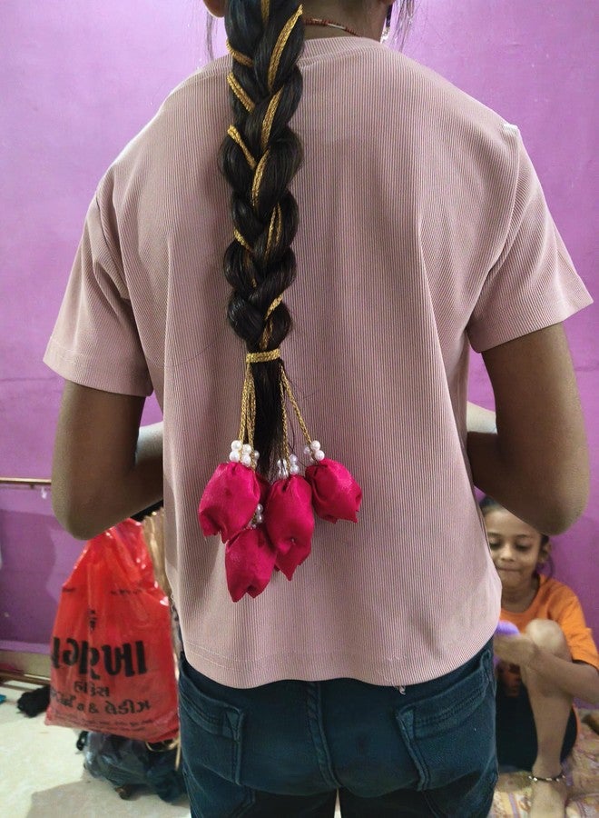 KARIHA Hair Juda Paranda with Pearl Beads, Red Satin Flower Design, Gold Cord, Traditional Hair Accessory - Image 2