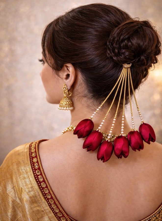 KARIHA Hair Juda Paranda with Pearl Beads, Red Satin Flower Design, Gold Cord, Traditional Hair Accessory - Image 3