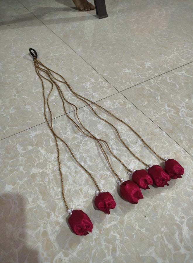 KARIHA Hair Juda Paranda with Pearl Beads, Red Satin Flower Design, Gold Cord, Traditional Hair Accessory - Image 4