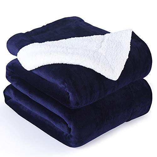 NANPIPER Couch Blanket Reversible Sherpa Flannel Blanket UltraSoft Plush Warm Fleece Microfiber 90x90 Navy Blue Queen