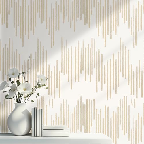WENMER Beige Striped Wallpaper, Geometric Peel and Stick Wallpaper, 17.7''×118'' Gold Contact Paper, Beige Self Adhesive Removable Wall Paper for Bathroom Cabinets Kitchen - Image 1