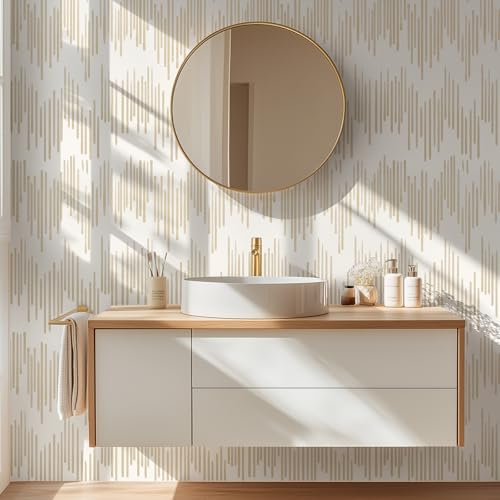 WENMER Beige Striped Wallpaper, Geometric Peel and Stick Wallpaper, 17.7''×118'' Gold Contact Paper, Beige Self Adhesive Removable Wall Paper for Bathroom Cabinets Kitchen - Image 5