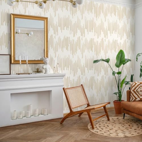 WENMER Beige Striped Wallpaper, Geometric Peel and Stick Wallpaper, 17.7''×118'' Gold Contact Paper, Beige Self Adhesive Removable Wall Paper for Bathroom Cabinets Kitchen - Image 2