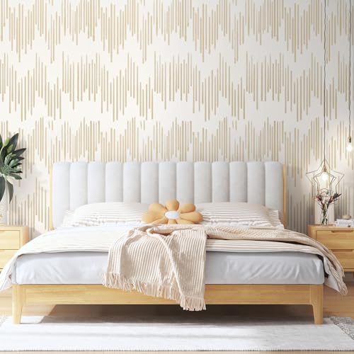 WENMER Beige Striped Wallpaper, Geometric Peel and Stick Wallpaper, 17.7''×118'' Gold Contact Paper, Beige Self Adhesive Removable Wall Paper for Bathroom Cabinets Kitchen - Image 3