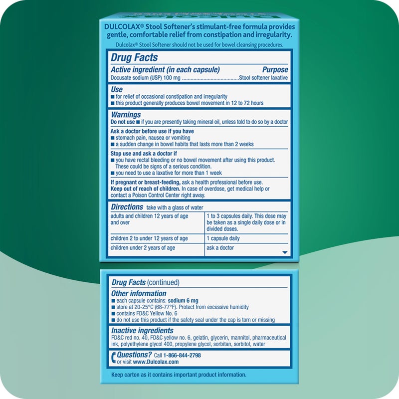 Dulcolax Stool Softener Laxative Liquid Gel Capsules, Gentle Constipation Relief for Hard, Dry Stools, Docusate Sodium 100 mg, 25 Count - Image 3