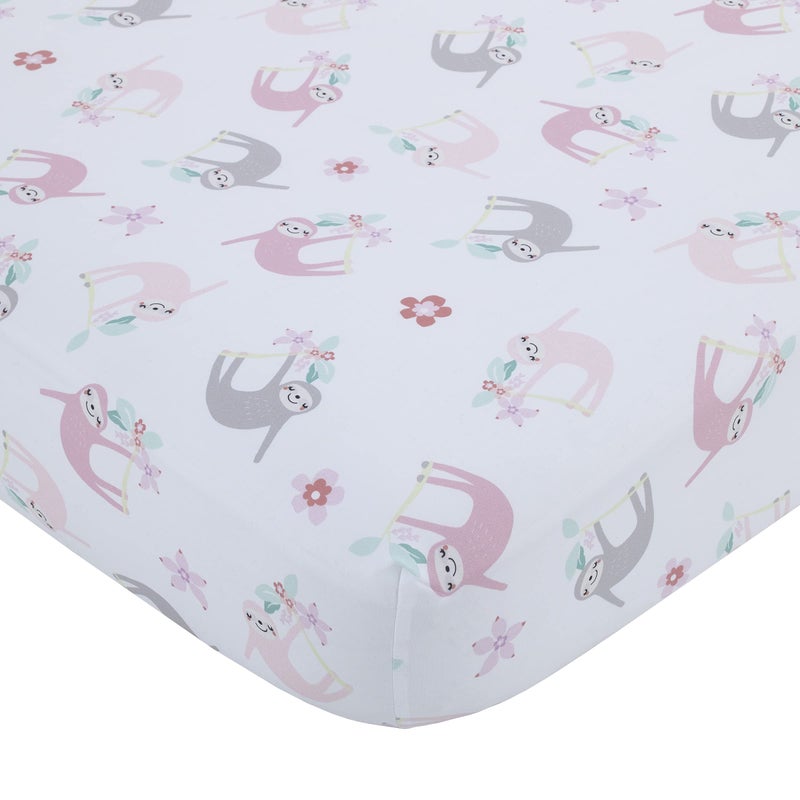 Little Love by NoJo Tropical Garden Pink Grey and White Sloth Super Soft Fitted Crib Sheet