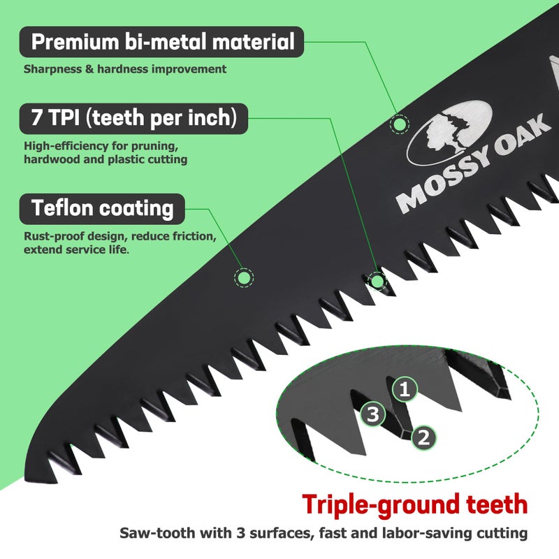 MOSSY OAK Folding Saw - 7 Inch Pruning Handsaw with Pouch, D6A & M2 Bimetal Saw Blade, Hunting Saw Foldable for Deer, Tree, Wood, and Limb Cutting - Image 2