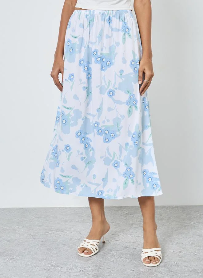 تايك تو Take Two Floral Printed Viscose A-Line Midi Skirt
